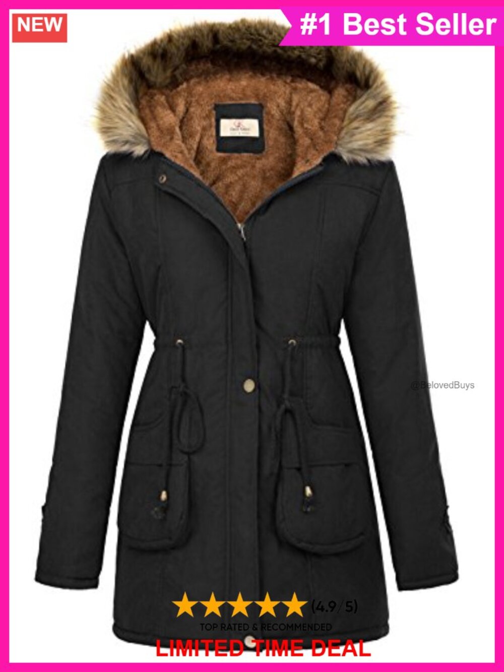 Fleece-Lined Hooded Parka Anorak Winter Coat with Faux Fur Trim